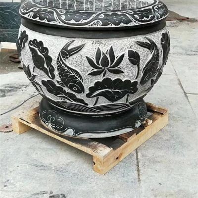 青石石雕庭院大型浮雕荷花魚(yú)缸 