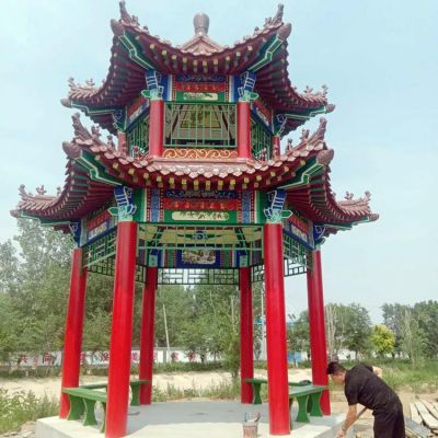 公園戶(hù)外擺放防腐木中式二層頂休閑涼亭